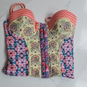 Maaji Mint Floral-Print Bustier Top with Pink & Purple Accents